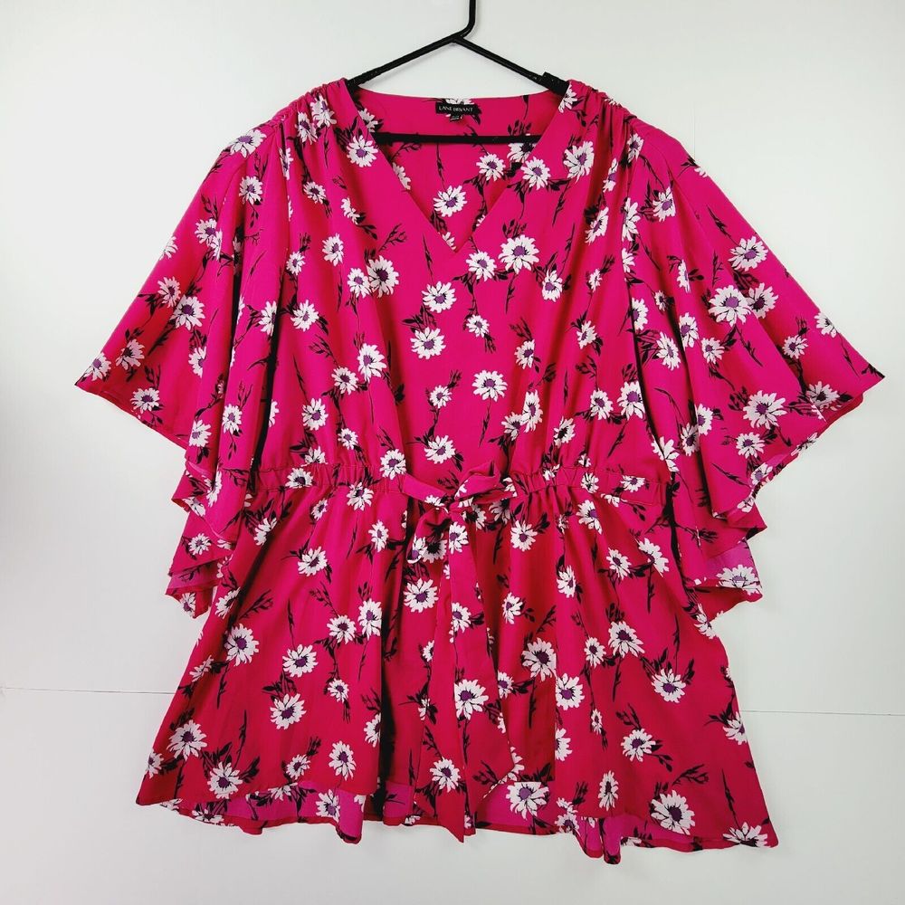 Lane Bryant Blouse Women 26/28 Pink Floral Print Bat Flared Sleeve Kimono Belted